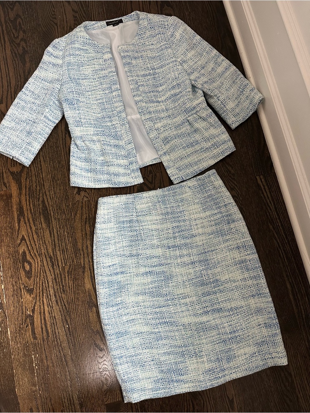 Vintage Light Blue Tweed Jacket & Skirt Set - Women's Professional Two-Piece